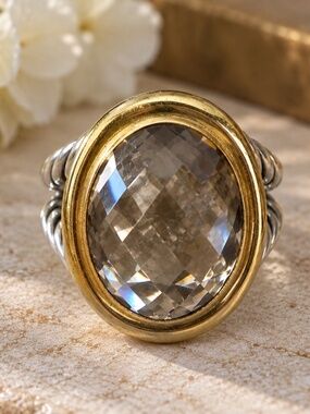 David Yurman Oval Albion Smoky Quartz Ring 925 Sterling 18K Gold Size 7